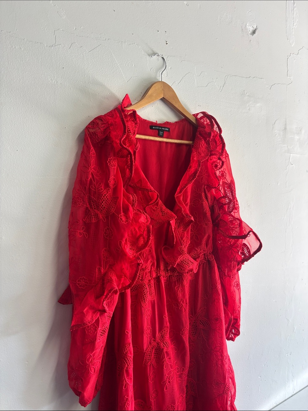 Boston Proper Red Embroidered lace high low Long-Sleeve Ruffle Dress